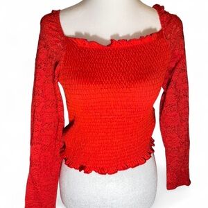 Red Long Sleeve Smocked Lace Top - Women